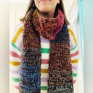 Handmade Crochet Scarf - Unisex Brown & Rainbow